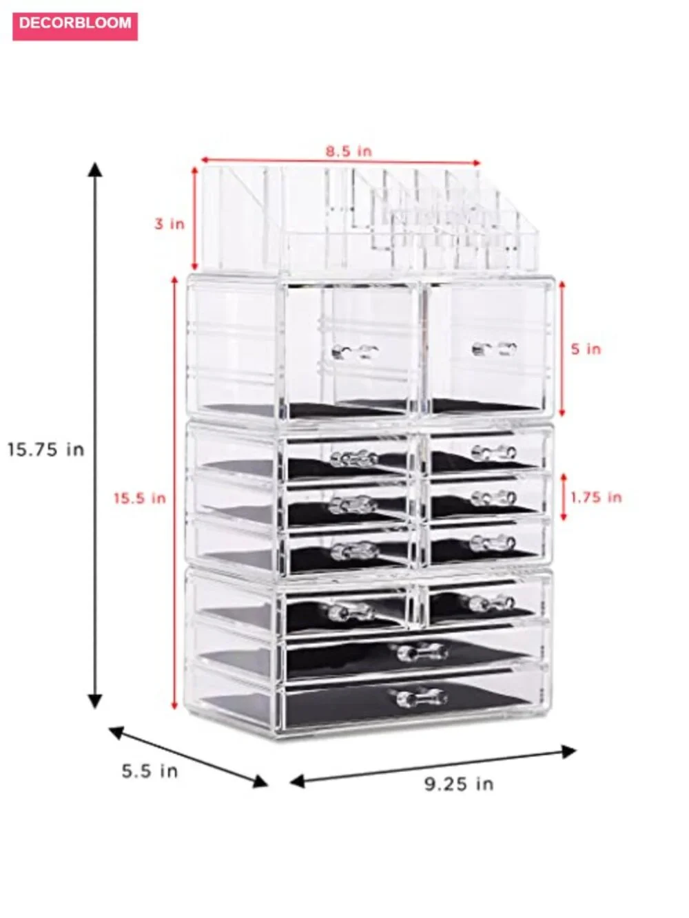 Clear 12-Drawer Stackable Makeup Organizer with Lipstick Holder